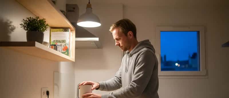 Ungur Íslendingur setur upp snjallan hátalara í eldhúsi í íbúð í Reykjavík