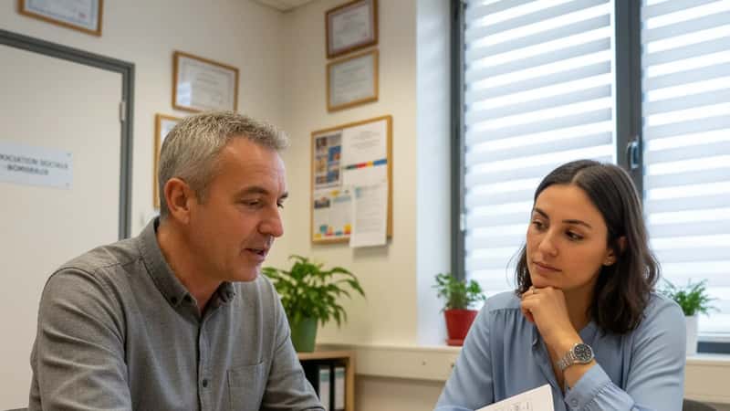 Collègues dans un bureau associatif à Bordeaux consultant une grille salariale conventionnelle imprimée