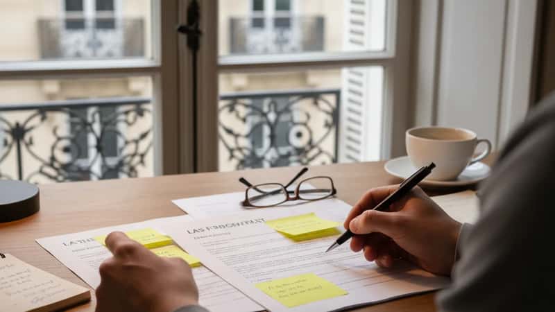 LAS-text och anställningskontrakt uppslagna på ett skrivbord med gula klistermärken som markerar viktiga paragrafer, varm hemmakontorlysning