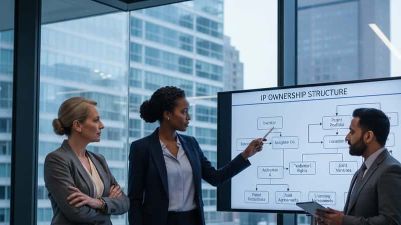 Diverse legal team of three professionals standing at a presentation screen showing an IP ownership flowchart in a Boston glass-walled conference room