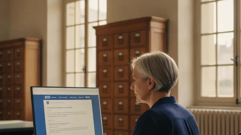 Une administratrice française d'une cinquantaine d'années consulte la déclaration d'accessibilité affichée sur son écran d'ordinateur dans un bureau de mairie à Bordeaux