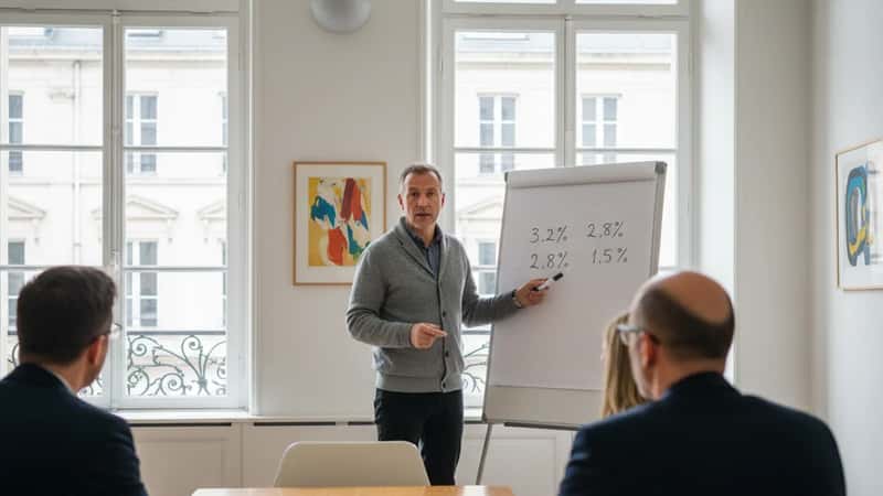 Faglig repræsentant præsenterer lønstigningstabeller på whiteboard i kommunalt mødelokale i Aarhus