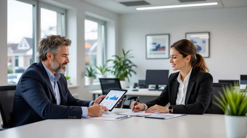 ZZP-installateur en financieel adviseur overleggen over verzekering op tablet in een Amsterdams makelaarskantoor, zakelijke maar toegankelijke sfeer