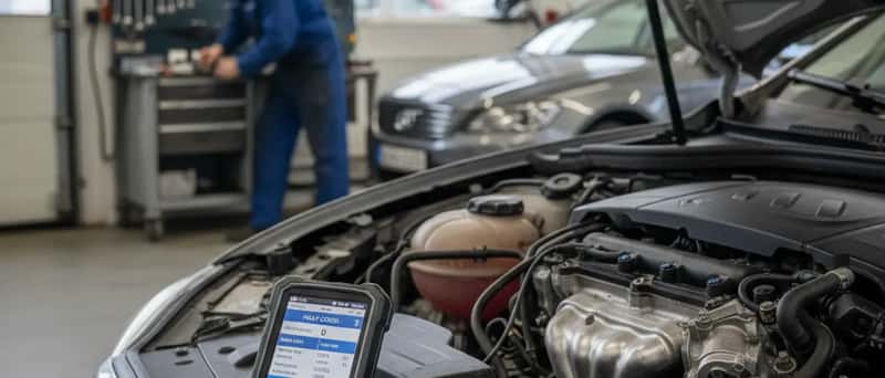 Nærbilde av et OBD-II diagnoseverktøy koblet til en bilmotor i et norsk bilverksted