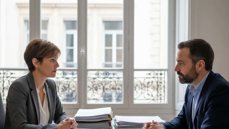 Femme cadre française en réunion avec son manager pour discuter de la transition IA dans l'entreprise