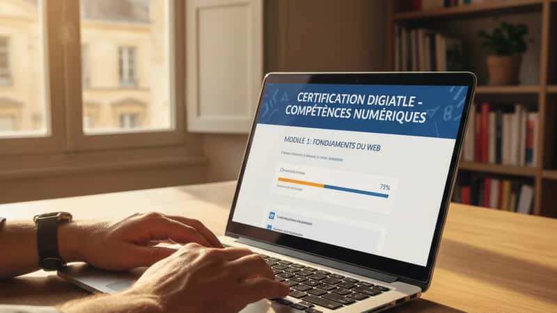Mains d'un salarié français sur un clavier avec un cours de certification IA en ligne visible à l'écran