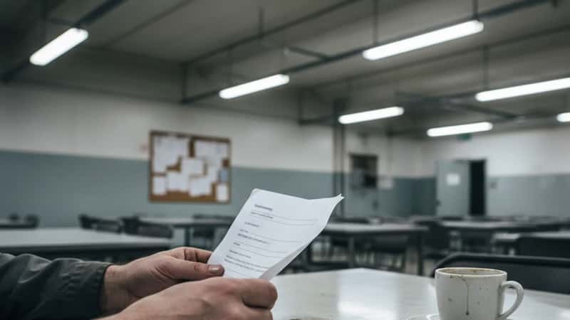 Oulussa elintarvikealan työntekijä pitää irtisanomiskirjettä kädessään taukotilassa