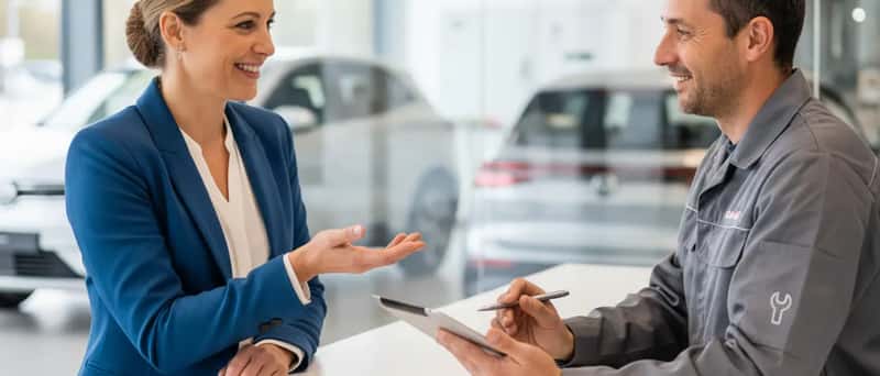Cliente discutant d'un devis de réparation avec un mécanicien dans un centre auto moderne