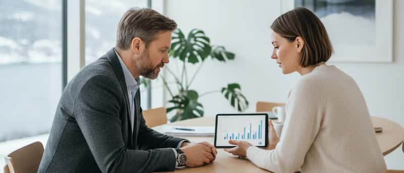 Bedriftseier og regnskapsfører i profesjonelt møte som diskuterer finansrapporter på et moderne norsk kontor