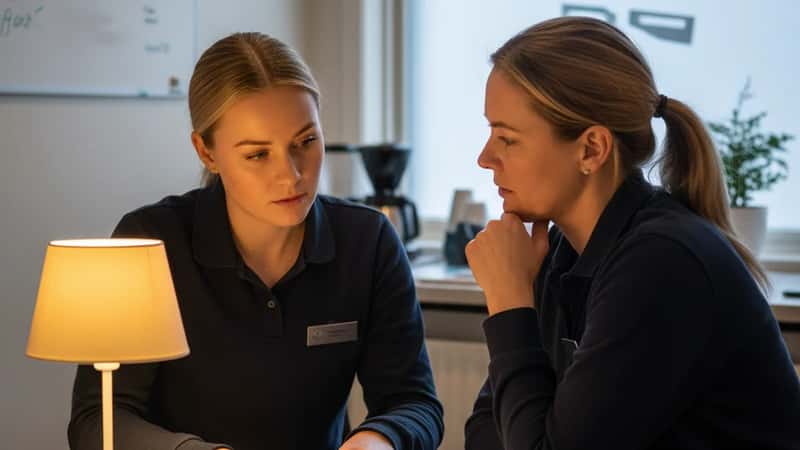 Hotellresepsjonist i Tromsø diskuterer vaktplan med sin leder ved et bord på personalrom