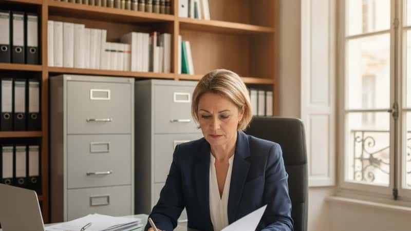 Avocate consultant un dossier de transmission de patrimoine à Montpellier, documents de propriété sur un bureau moderne