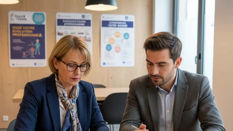 Conseillère en évolution professionnelle à France Travail Bordeaux guidant un salarié dans son projet de formation IA
