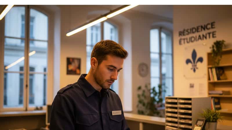 Personnel de nuit d'une résidence étudiante à Paris consultant son planning de travail à l'accueil