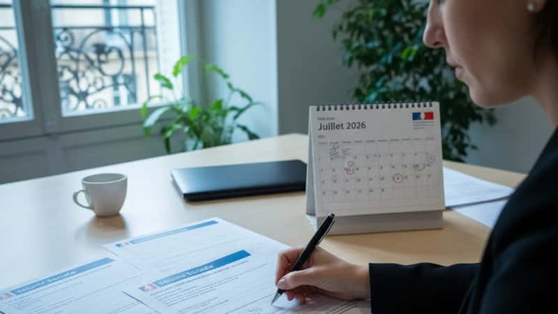 Dossier de demande de congé de naissance 2026 sur un bureau à Nantes avec formulaires officiels de la Sécurité Sociale et calendrier ouvert sur juillet 2026