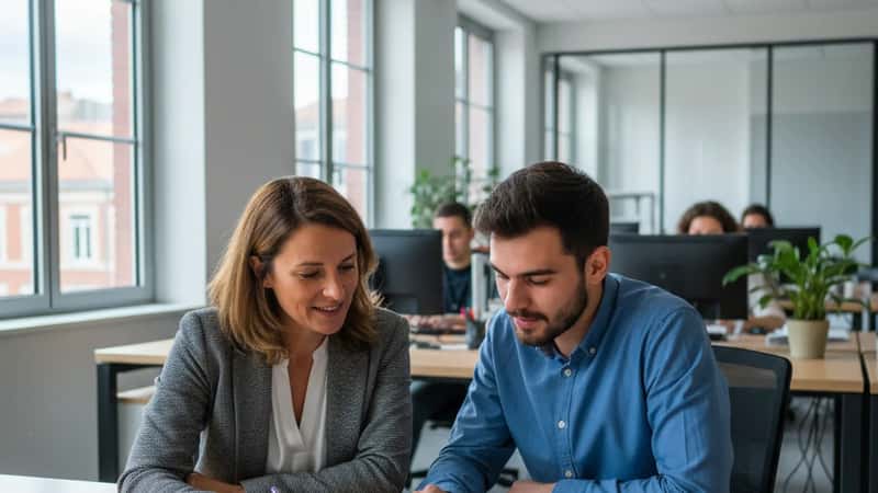 Responsable RH à Toulouse expliquant les droits liés au congé naissance à un salarié dans un open space moderne, documents contractuels sur le bureau