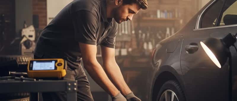 Mani esperte di un meccanico che utilizzano una chiave dinamometrica digitale su bulloni ruota in officina