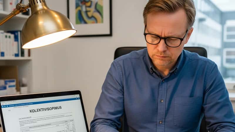 Farmaseutti tarkistaa palkkataulukkoa apteekin tiskin takana Tampereella