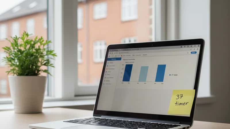 Tidsregistreringsapp med 37-timers uge på laptop i Aarhus hjemmekontor