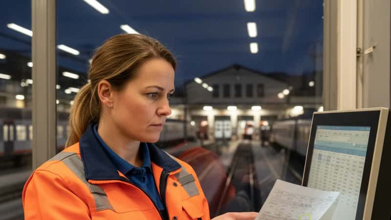 Deltidsanställd spårtrafikarbetare kontrollerar övertidstimmar på terminal i depå i Göteborg på natten