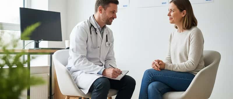 GP doctor having a supportive conversation with a patient during a mental health consultation in an NHS surgery