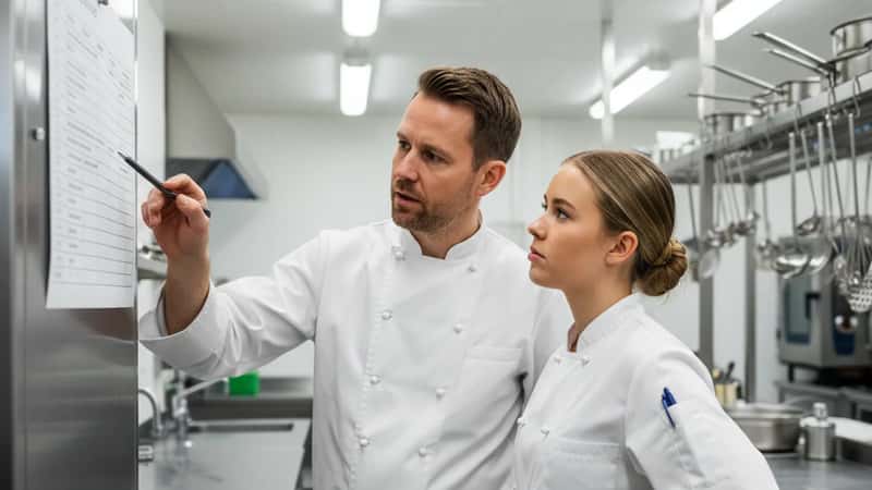 Norsk kjøkkensjef og kjøkkenarbeider gjennomgår arbeidsplanen under Riksavtalen i en Trondheim restaurant