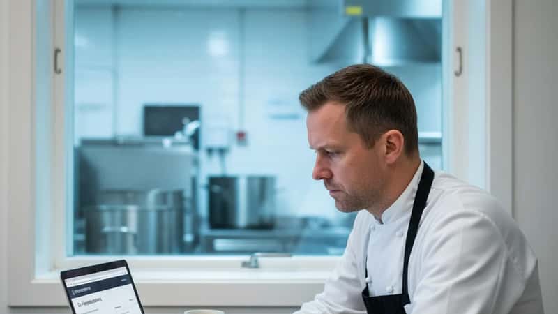 Norsk kokk sjekker AFP-pensjonssaldo på norskpensjon.no under lunsjpause i Stavanger
