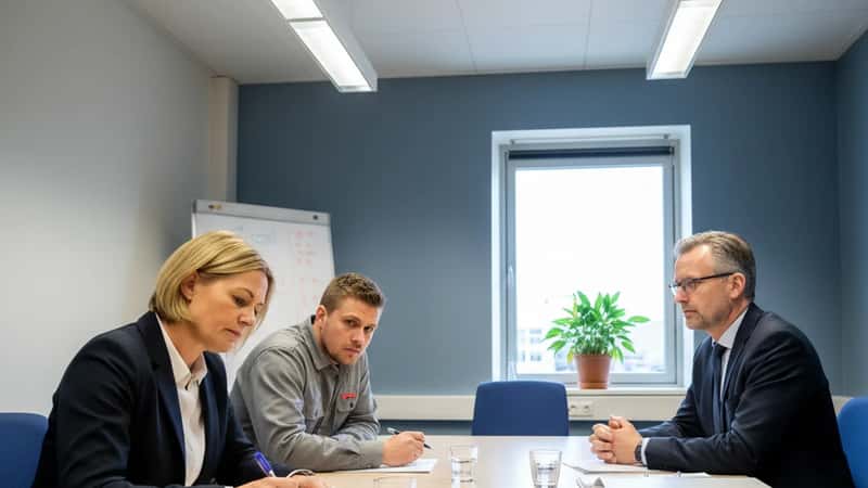 Tillitsvalgt og arbeidstaker møter HR-sjef i forhandlingsmøte i Hamar