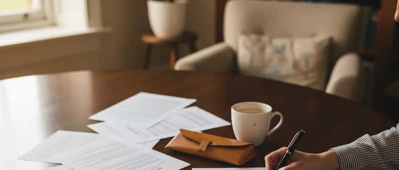 Legal papers and a pen on a kitchen table beside a mug of tea in a British home