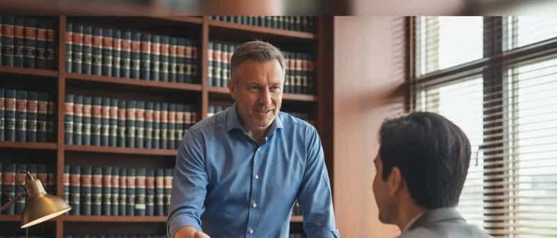 British solicitor in a professional office explaining legal options to a client across a desk