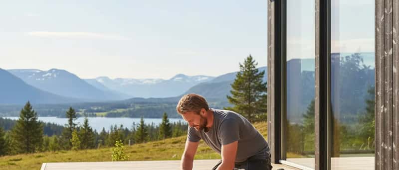 Snekker som bygger en terrasse i tre utenfor et skandinavisk trehus om sommeren