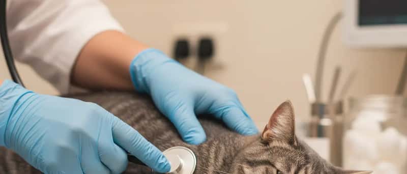 Dýralæknir skoðar kött með hljóðnema á skoðunarborði í klíník