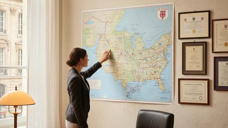 Two people pointing at a regional map in a Rapid City law office, discussing geographic restriction scope