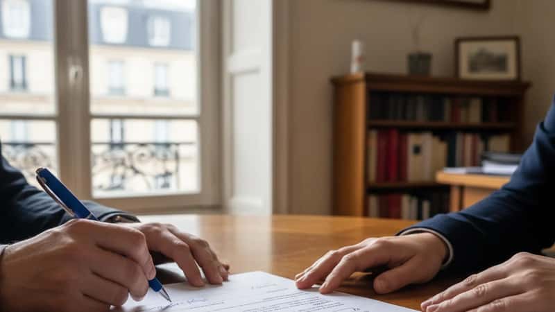 Two people signing an employment contract across a South Dakota office desk, blue pen visible, overcast daylight
