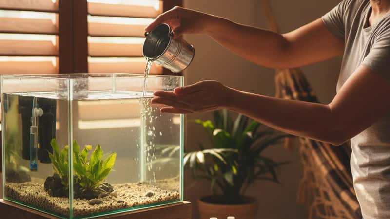 Mulher brasileira preparando a água do aquário com kit de testes de pH e medições químicas