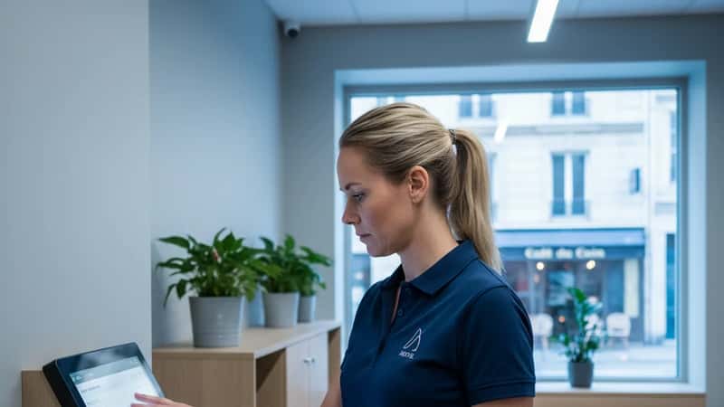 Hotellmedarbetare stämplar in på digital tidterminal i ett Skandinaviskt interiör