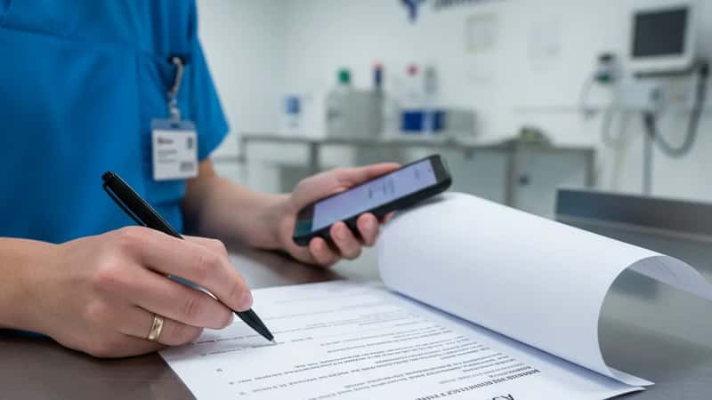 Sykepleier markerer klausuler i tariffavtalen på Stavanger universitetssykehus