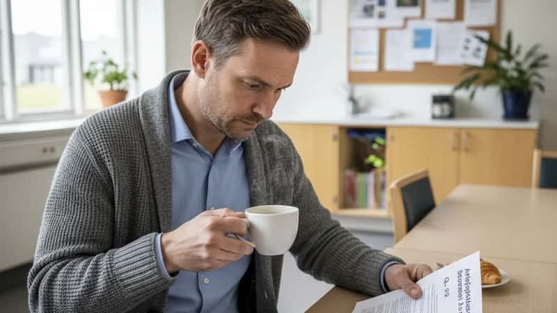 Lektor ved Aalborg Universitets pause-lokale læser vejledning om arbejdstidsrettigheder, kaffekoppe og overenskomstpapirer synlige, overskyet dagslys