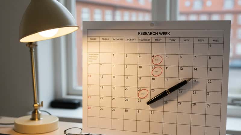 Oversigt af dansk akademikers skrivebord i Roskilde med planlægningskalender markeret med skiftende forsknings- og undervisningsuger, varm skrivebordslampe-lys