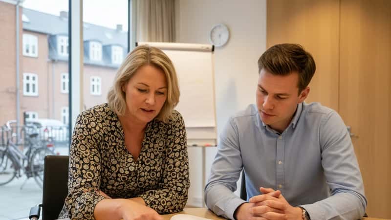 Dansk fagforeningsrepræsentant rådgiver statsansat medarbejder om opsigelsesrettigheder ved møde i Kolding i varmt kontorlys