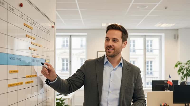 En man justerar ett flextidsschema på en whiteboard i ett öppet kontorslandskap i Stockholm