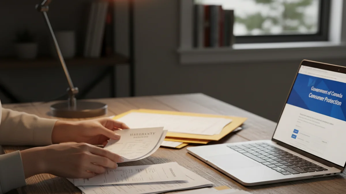 A woman's hands organizing car service receipts and warranty documents on a wooden desk with a laptop open to a consumer protection website, in a Calgary home office