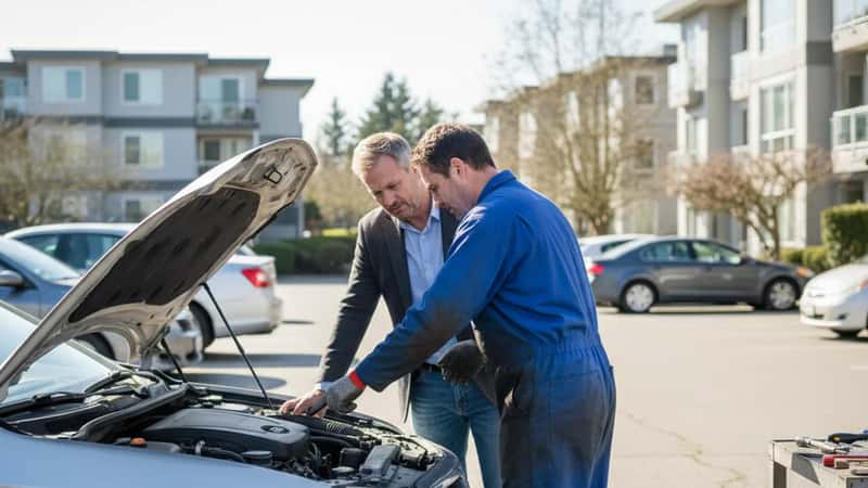 A Canadian car owner and an independent mechanic in blue coveralls inspecting an open engine bay together in a Vancouver parking lot, collaborative inspection in midday light