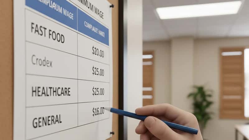 California minimum wage compliance chart on an Anaheim office bulletin board showing three wage tiers with dollar amounts, a hand pointing at the fast food row with a pen