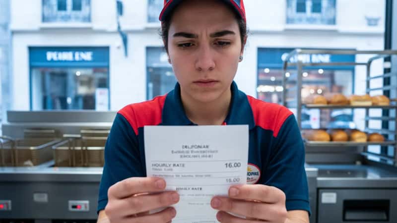 Young fast food worker in Fresno uniform examining their California pay stub at the counter, checking their hourly rate, overcast fluorescent lighting