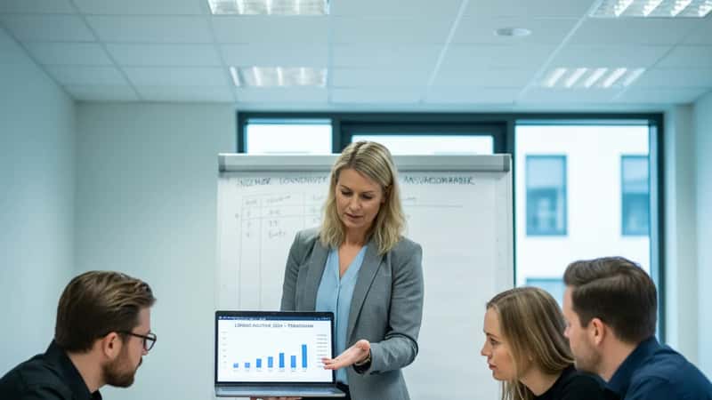 Norsk fagforeningsrepresentant presenterer lønnsstatistikk for ingeniørteam ved konferansebord i Trondheim