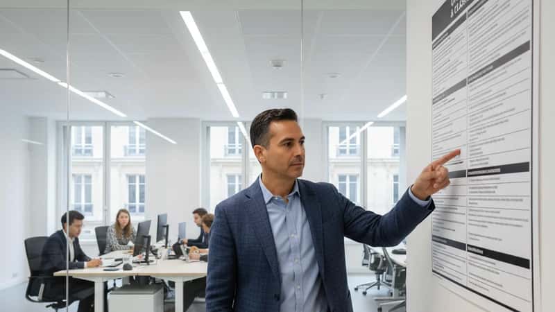 HR manager in Charlotte, North Carolina reviewing employment law compliance checklist at standing desk in open-plan office