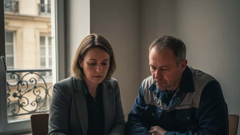 Transportfacklig representant vid skrivbord i litet kontor med chaufför granskar uppsägningsbesked med fackpärmar i bakgrunden