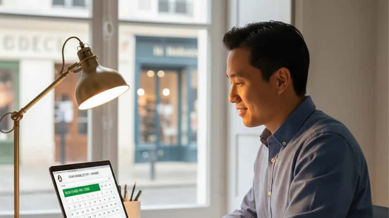 North Las Vegas Nevada office worker submits paid leave request on laptop, accrued leave balance visible on screen, warm desk lamp lighting