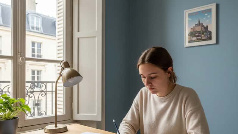 Young American student studying English at a desk with open textbook and notebook in a bedroom study area