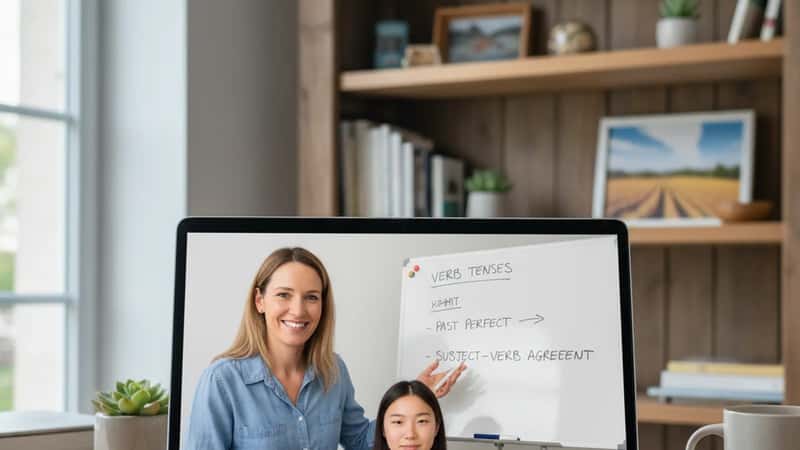 Online English tutoring session with a tutor explaining grammar concepts on a virtual whiteboard from a home office
